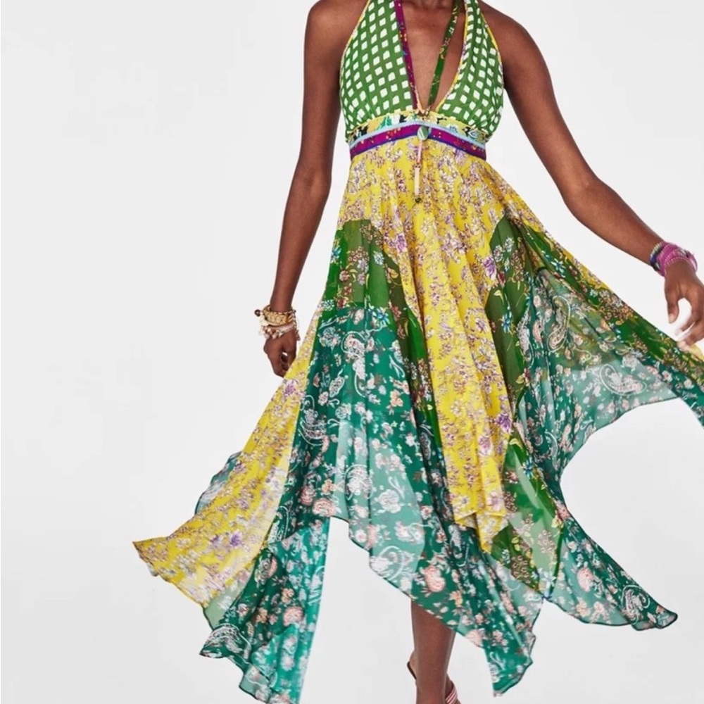 ZARA NWT Asymmetrical Patchwork Green Boho Bloggers Favorite Halter Dress Large